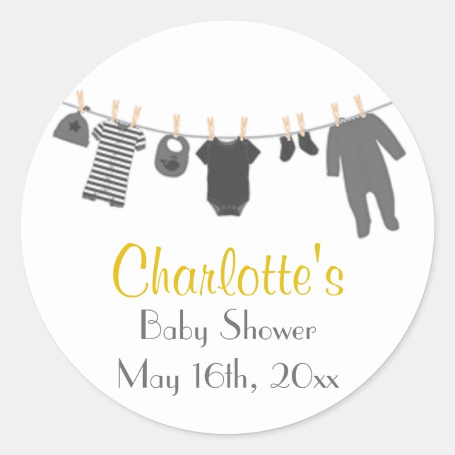Gray & Yellow Little Clothes Baby Shower Stickers (Front)