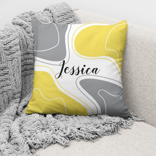 Gray Yellow Modern Abstract Boho Pattern Name Throw Pillow