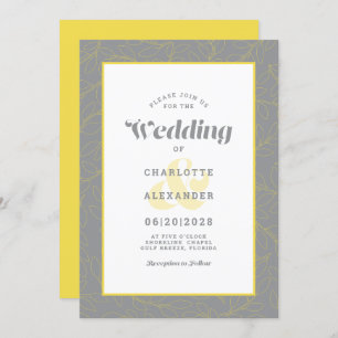 Gray & Yellow   Modern Abstract Leaves Pattern Invitation