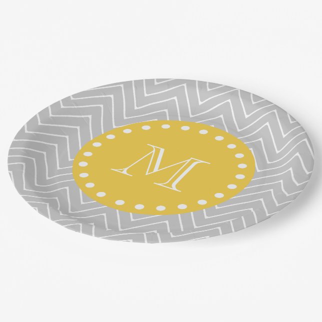 Gray & Yellow Modern Chevron Custom Monogram Paper Plates (Angled)