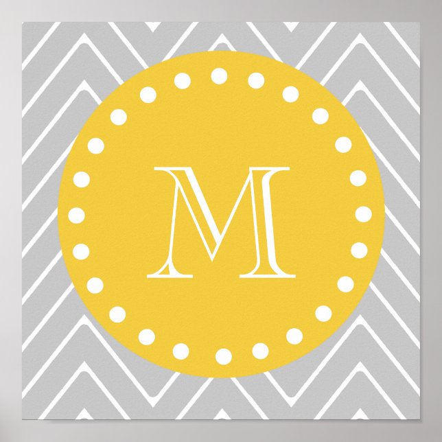 Gray & Yellow Modern Chevron Custom Monogram Poster (Front)