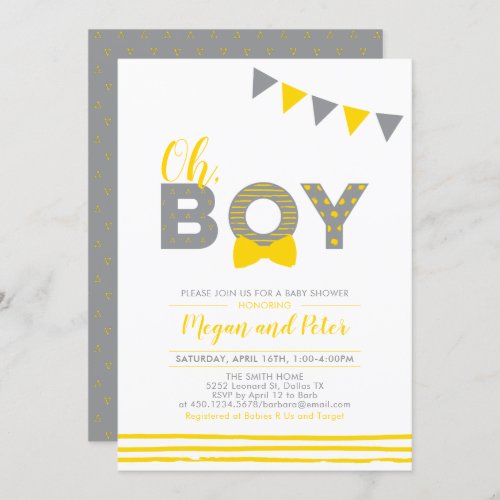 Gray  Yellow  Modern Typography Boy Baby Shower Invitation