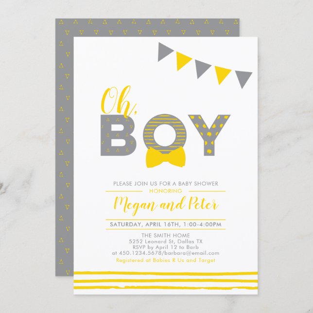 Gray & Yellow | Modern Typography Boy Baby Shower Invitation (Front/Back)