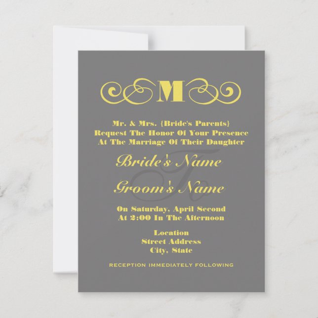 Gray & Yellow Monogram Wedding Invite (Front)