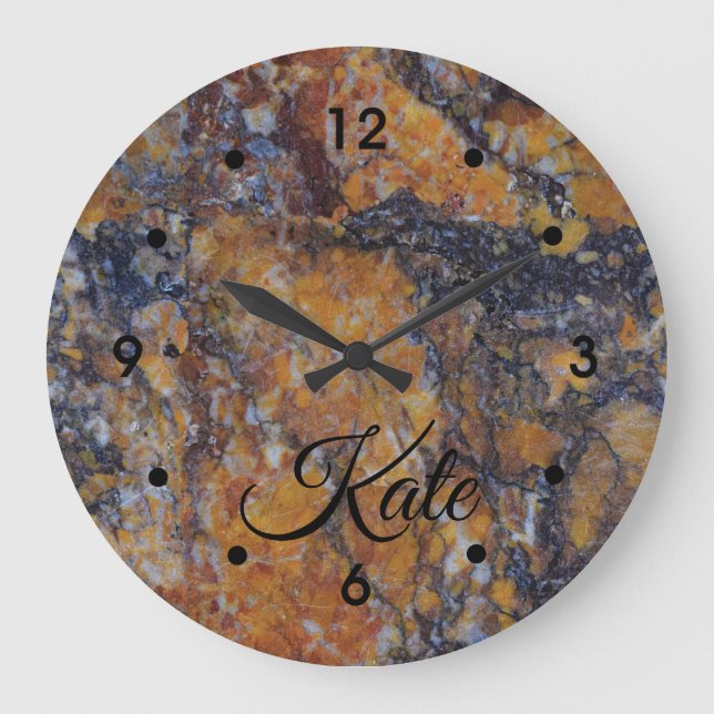 Gray Yellow Ocher Rust Marble Image Black Name Large Clock (Front)