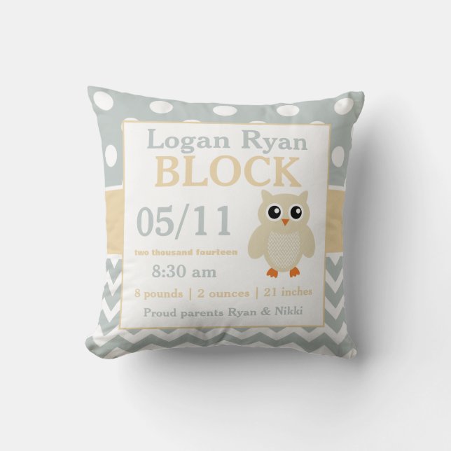 Gray Yellow Owl Baby Announcement Pillow (Front)