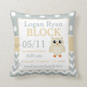 Gray Yellow Owl Baby Announcement Pillow