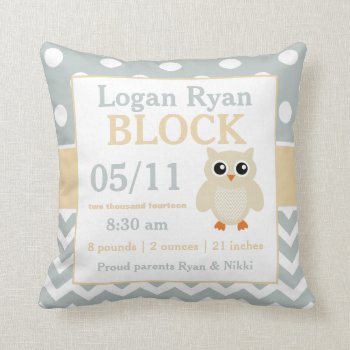 Gray Yellow Owl Baby Announcement Pillow by mybabytee at Zazzle