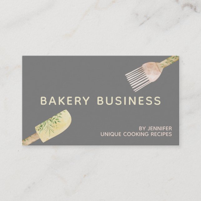 Gray Yellow Pink Pastry Watercolor leaf spoon Business Card (Front)