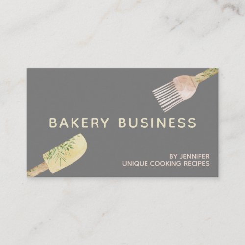 Gray Yellow Pink Pastry Watercolor leaf spoon Business Card