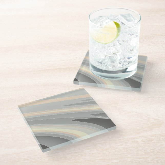 gray yellow pink waves glass coaster (Angled)