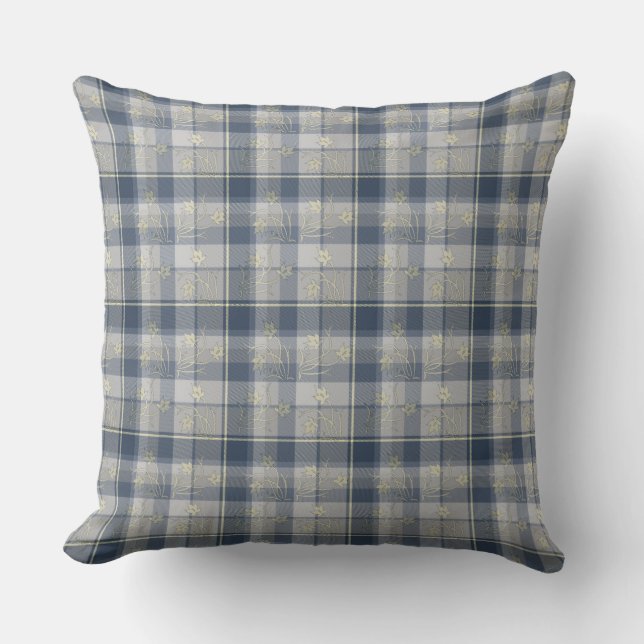Gray & Yellow Plaid & Flowers Throw Pillow 20"x20" (Front)