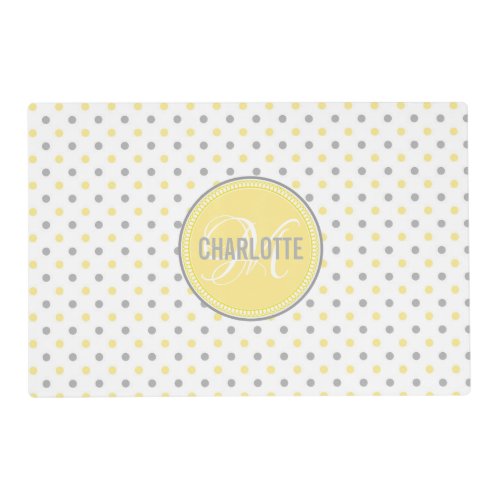 Gray yellow polka dots elegant monogram  placemat