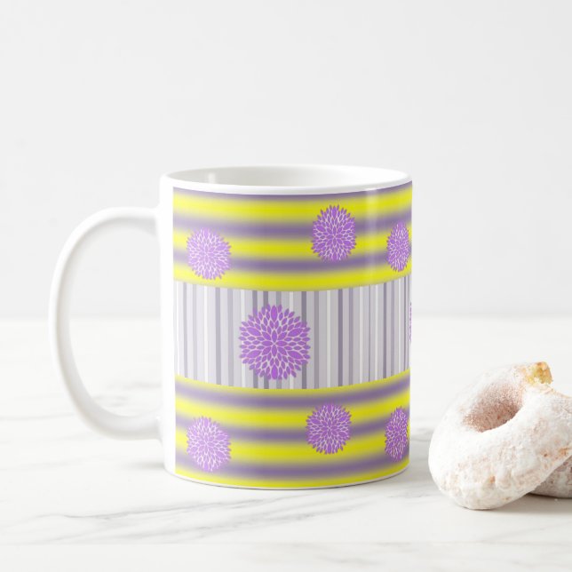 Gray Yellow Purple Flowers Stripe Mug (With Donut)