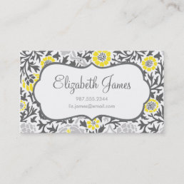Gray &amp; Yellow Retro Floral Damask Business Card