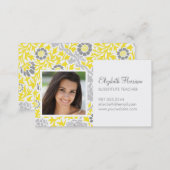 Gray & Yellow Retro Floral Damask Custom Photo Business Card (Front/Back)