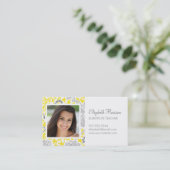 Gray & Yellow Retro Floral Damask Custom Photo Business Card (Standing Front)