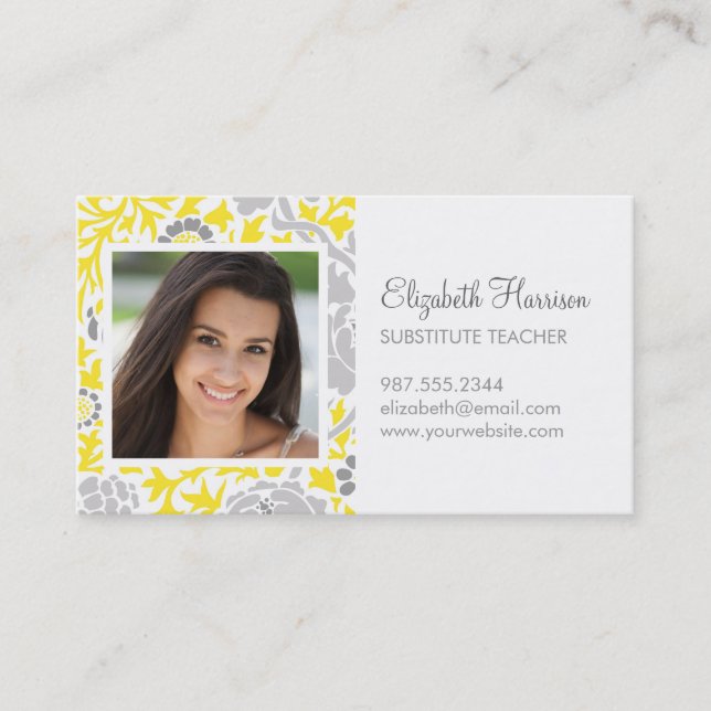 Gray & Yellow Retro Floral Damask Custom Photo Business Card (Front)