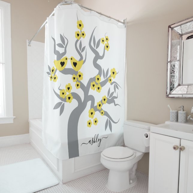 Gray yellow sakura cherry tree blossoms love birds shower curtain (In Situ)