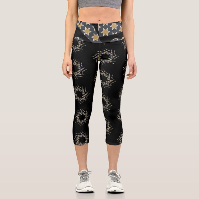 Gray Yellow Star Triangle Pattern Capri Leggings (Front)