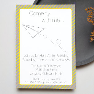 Gray Yellow Striped Paper Airplane Birthday Invite