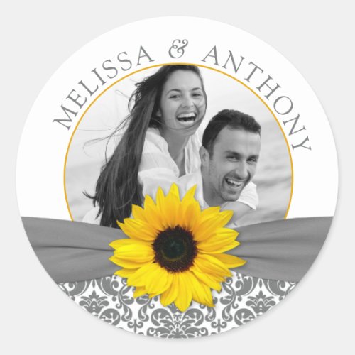 Gray Yellow Sunflower Photo Wedding Save Date Classic Round Sticker