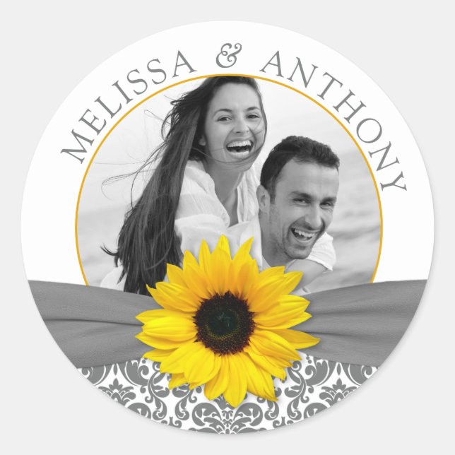 Gray Yellow Sunflower Photo Wedding Save Date Classic Round Sticker (Front)