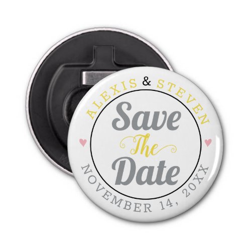 Gray yellow typography pink hearts Save the Date Bottle Opener