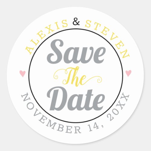 Gray yellow typography pink hearts Save the Date Classic Round Sticker