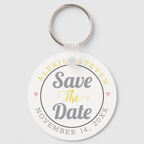 Gray yellow typography pink hearts Save the Date Keychain