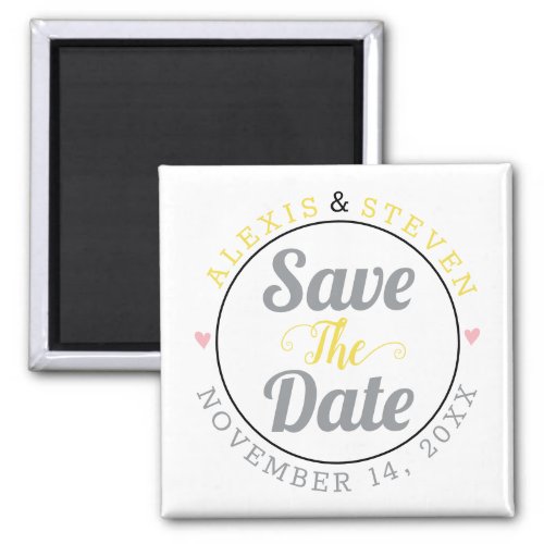 Gray yellow typography pink hearts Save the Date Magnet