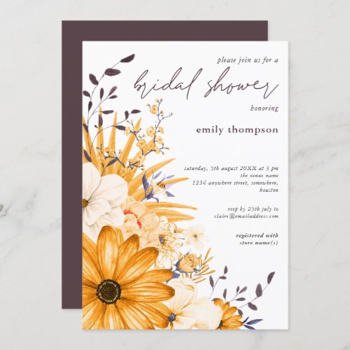 Gray Yellow Watercolor Floral Script Bridal Shower Invitation