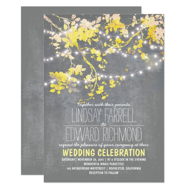 Gray Yellow Wedding Invitation With String Lights