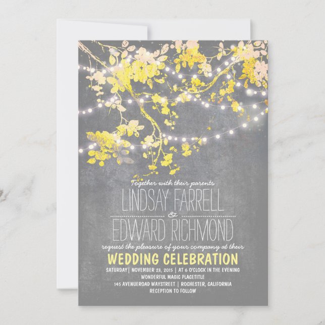 Gray yellow wedding invitation with string lights (Front)