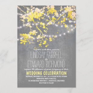 Gray yellow wedding invitation with string lights