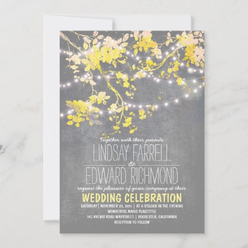 Gray yellow wedding invitation with string lights