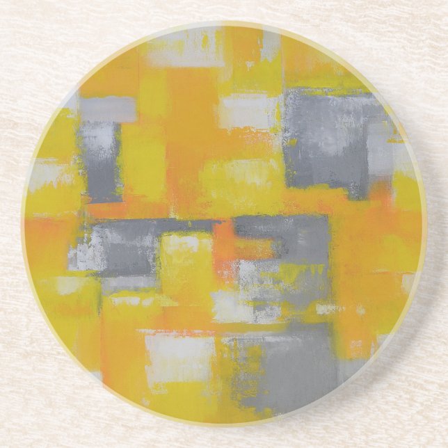 gray yellow white abstract art painting sandstone coaster (Front)