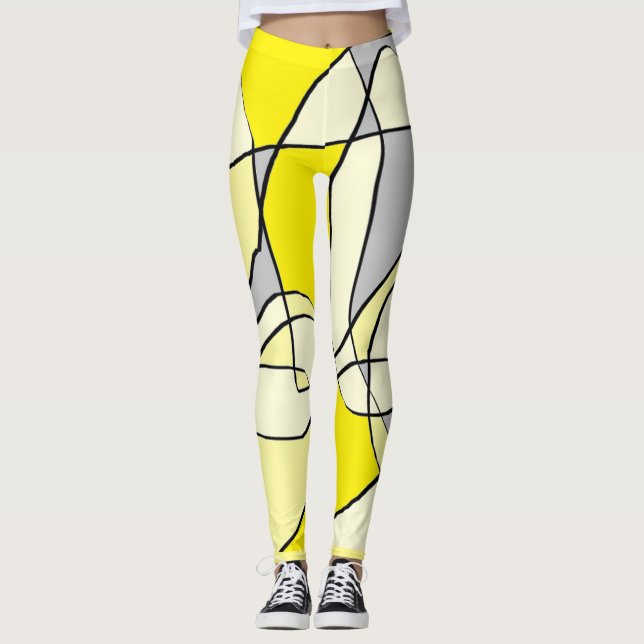 Gray Yellow White and Black Abstract Leggings (Front)