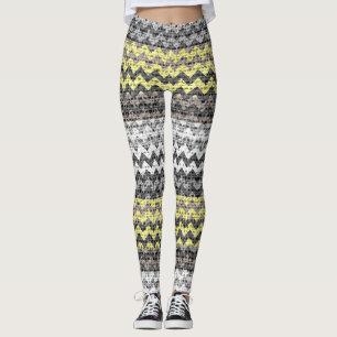 Gray Yellow White Chevron Pattern Burlap Look Leggings