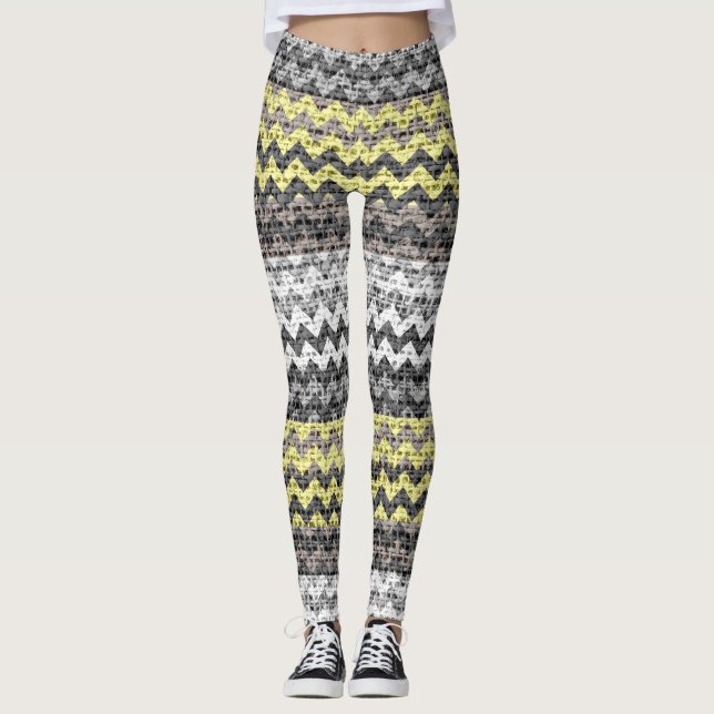 Gray Yellow White Chevron Pattern Burlap Look Leggings (Front)