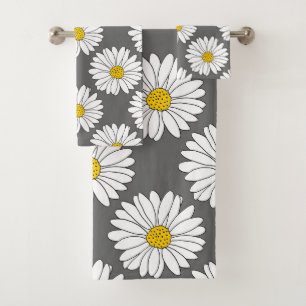 Gray Yellow White Daisy Pattern Bath Towel Set