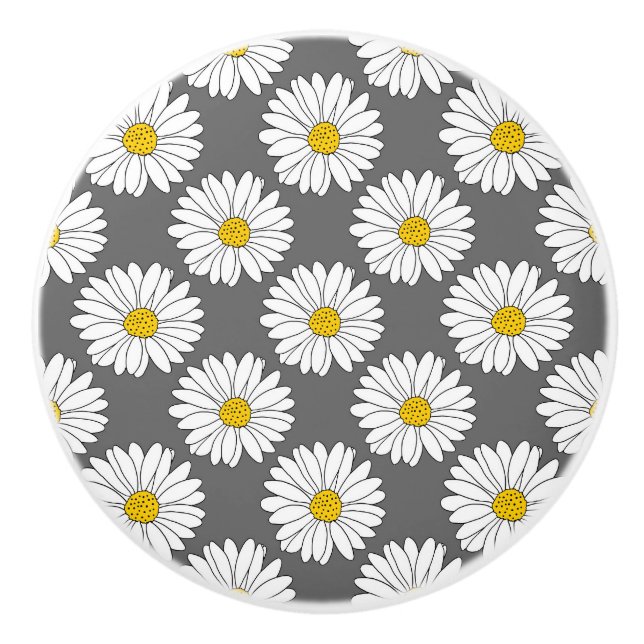 Gray Yellow White Daisy Pattern Ceramic Knob (Front)