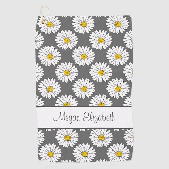 Gray Yellow White Daisy Pattern Golf Towel (Front)