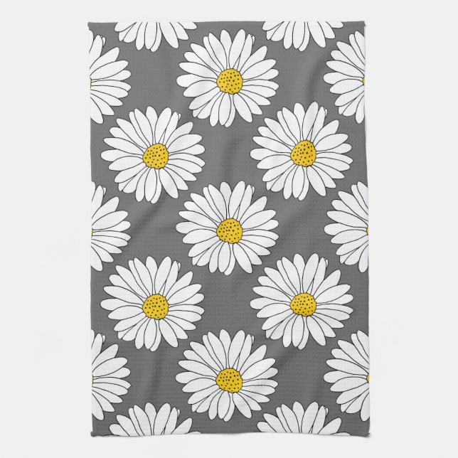 Gray Yellow White Daisy Pattern Kitchen Towel (Vertical)