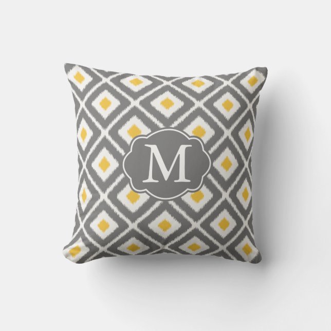 Gray, Yellow, White Ikat Diamond Pattern Throw Pillow (Front)