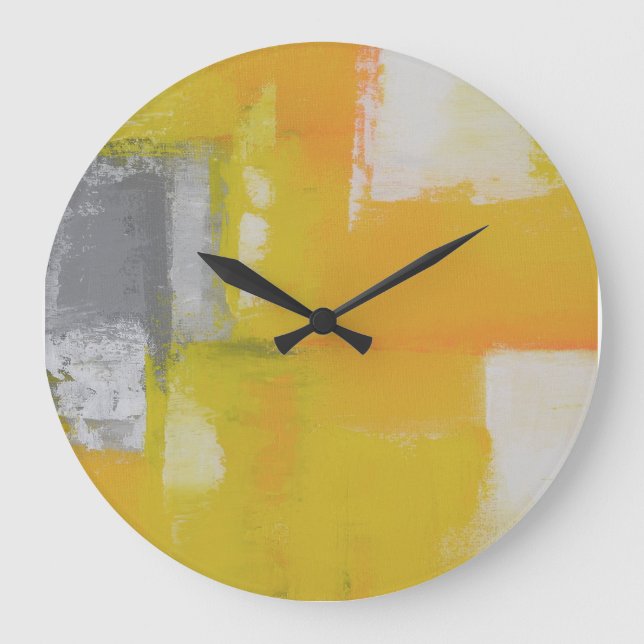 gray yellow white modern abstract painting large clock (Front)
