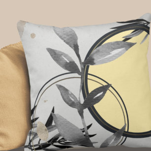 Gray & Yellow Zen Watercolor Leaves Throw Pillow