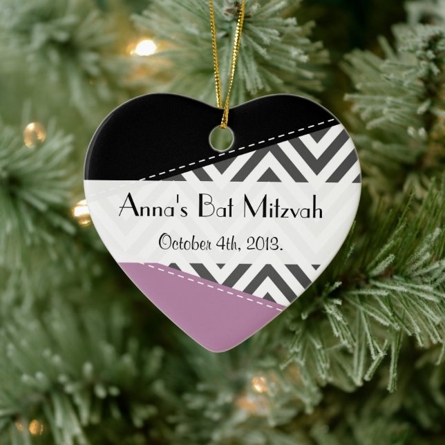 Gray Zigzag, Chevron, Zigzag Pattern, Bat Mitzvah Ceramic Ornament (Tree)