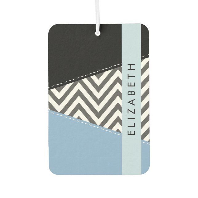 Gray Zigzag, Gray Chevron, Blue, Your Name Air Freshener (Front)