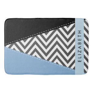 Gray Zigzag, Gray Chevron, Blue, Your Name Bath Mat